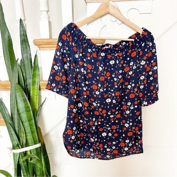 MICHAEL Michael Kors Off the Shoulder Top Blue Red Floral Puff Sleeve Crepe XS - Picture 1 of 6